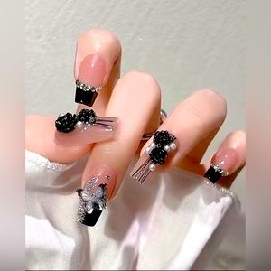 🌺🦋NEW Acrylic False Press On Nails With Black Tip-3D Flower Butterfly Designs